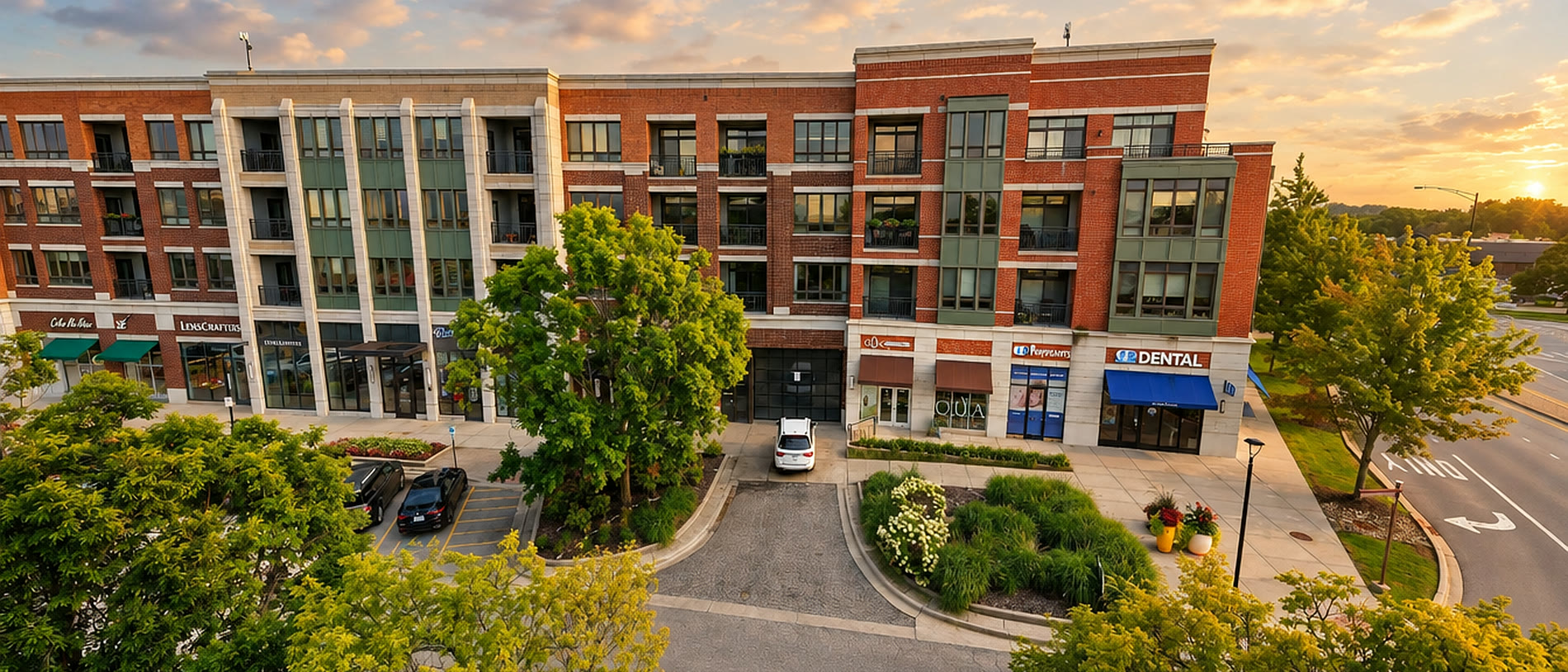 Burr Ridge Village Center from above at sunset; Qua is on the ground floor