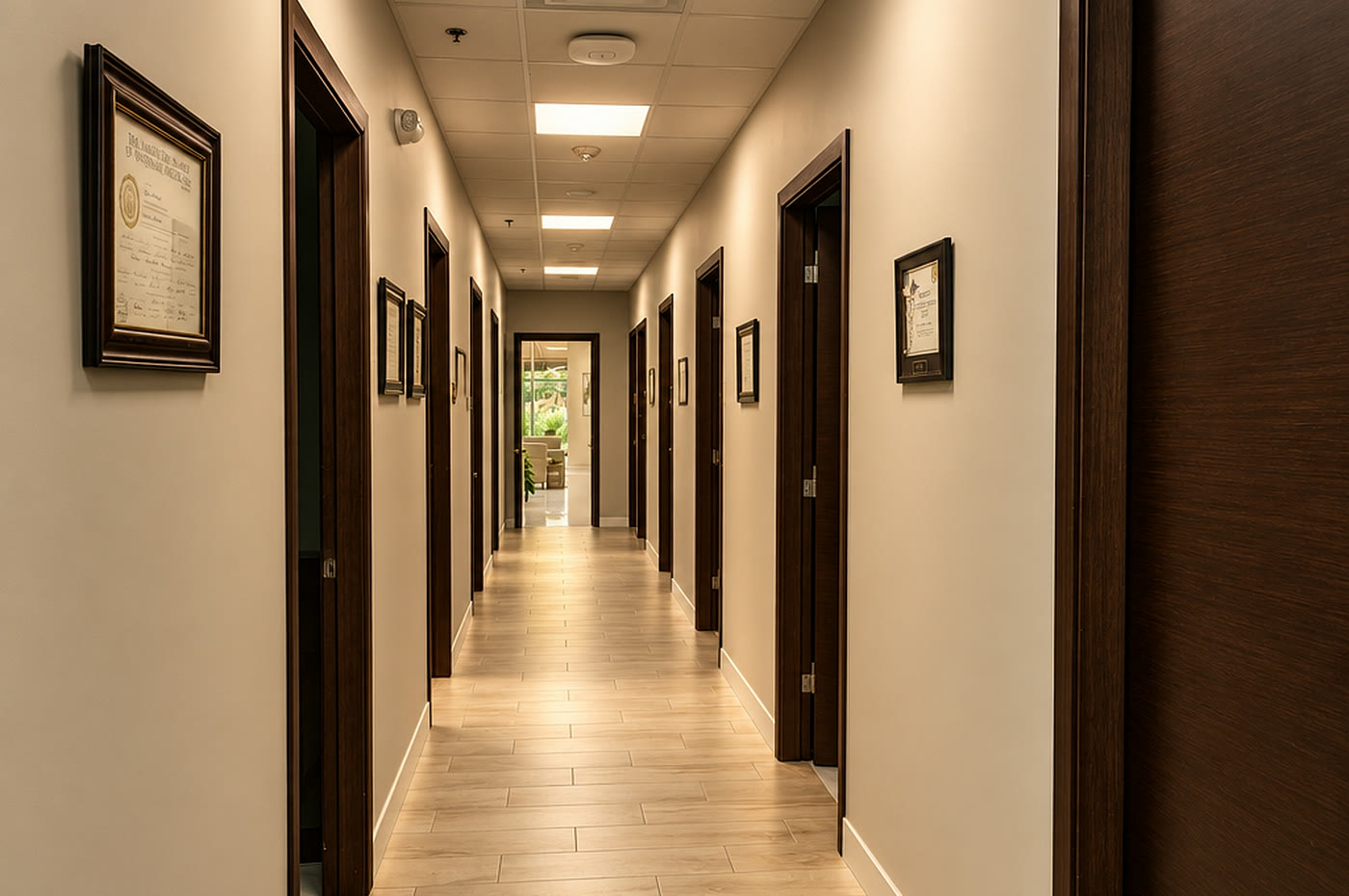 The private corridor to the treatment rooms, lined with Dr. Abboud's diplomas