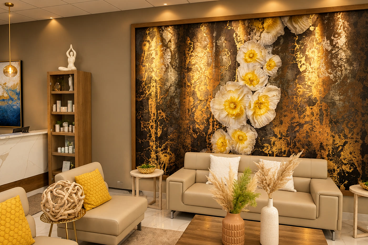 The Qua lounge, with cream sofas in front of the gold floral mural