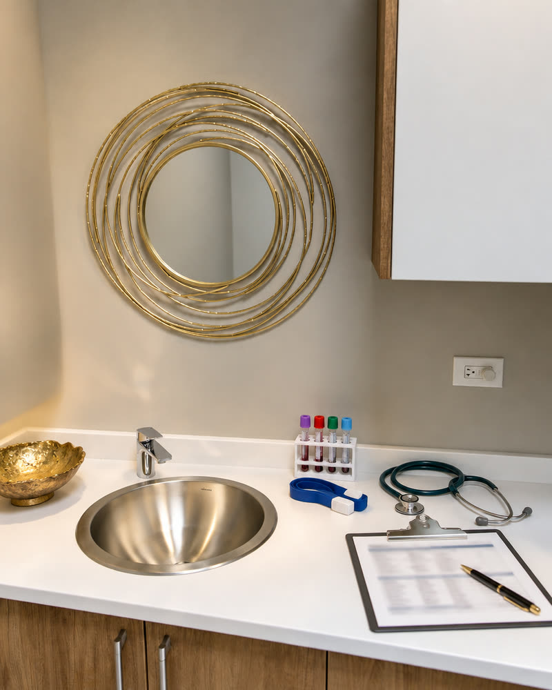 Lab tubes and a report on the counter of a Qua exam room
