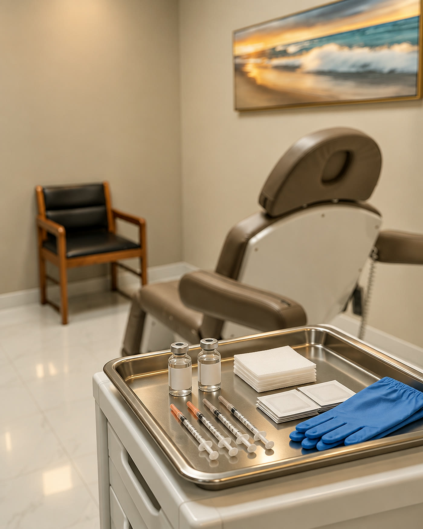 An injectables tray set beside the treatment chair at Qua