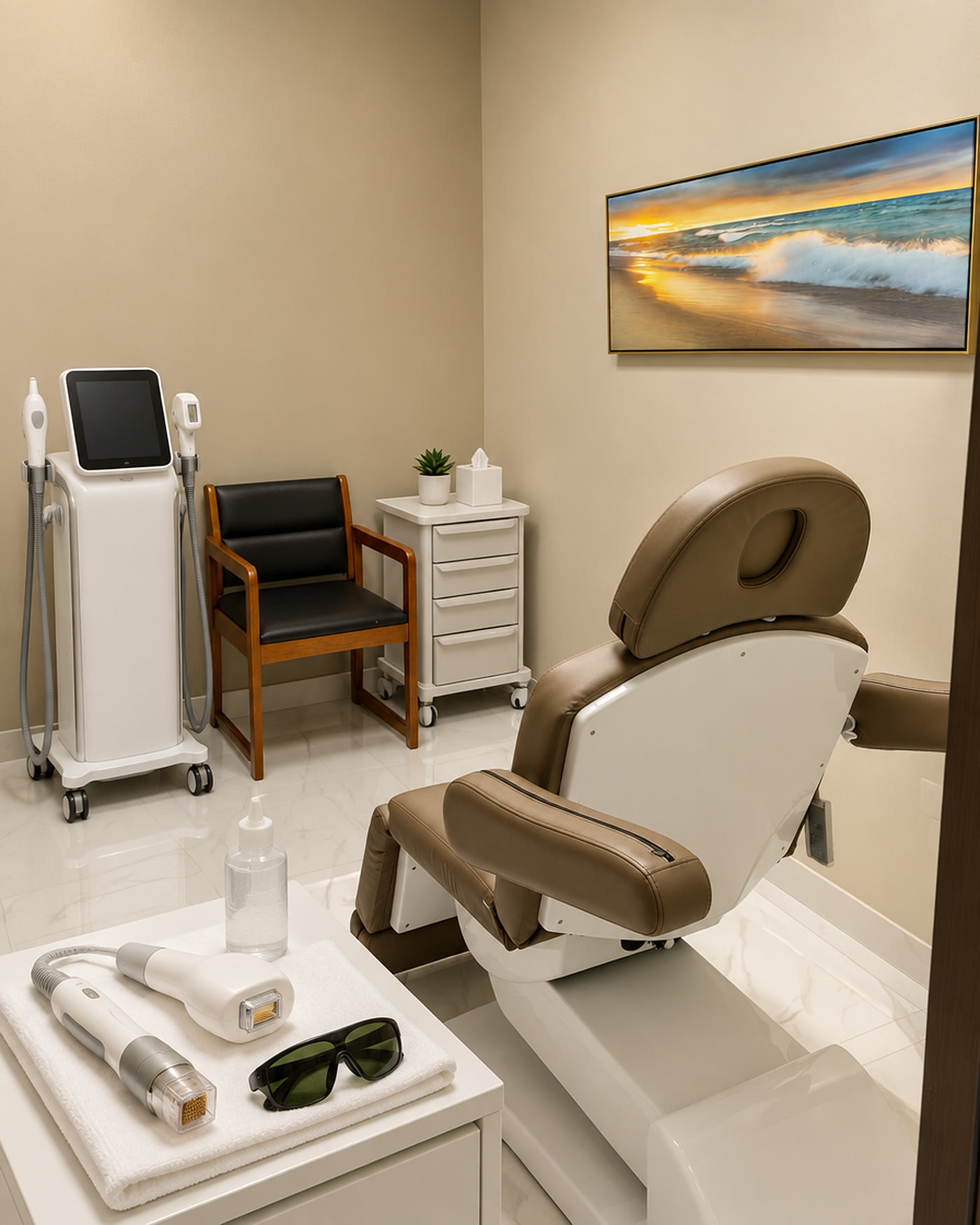 Skin treatment handpieces set out beside the treatment chair at Qua
