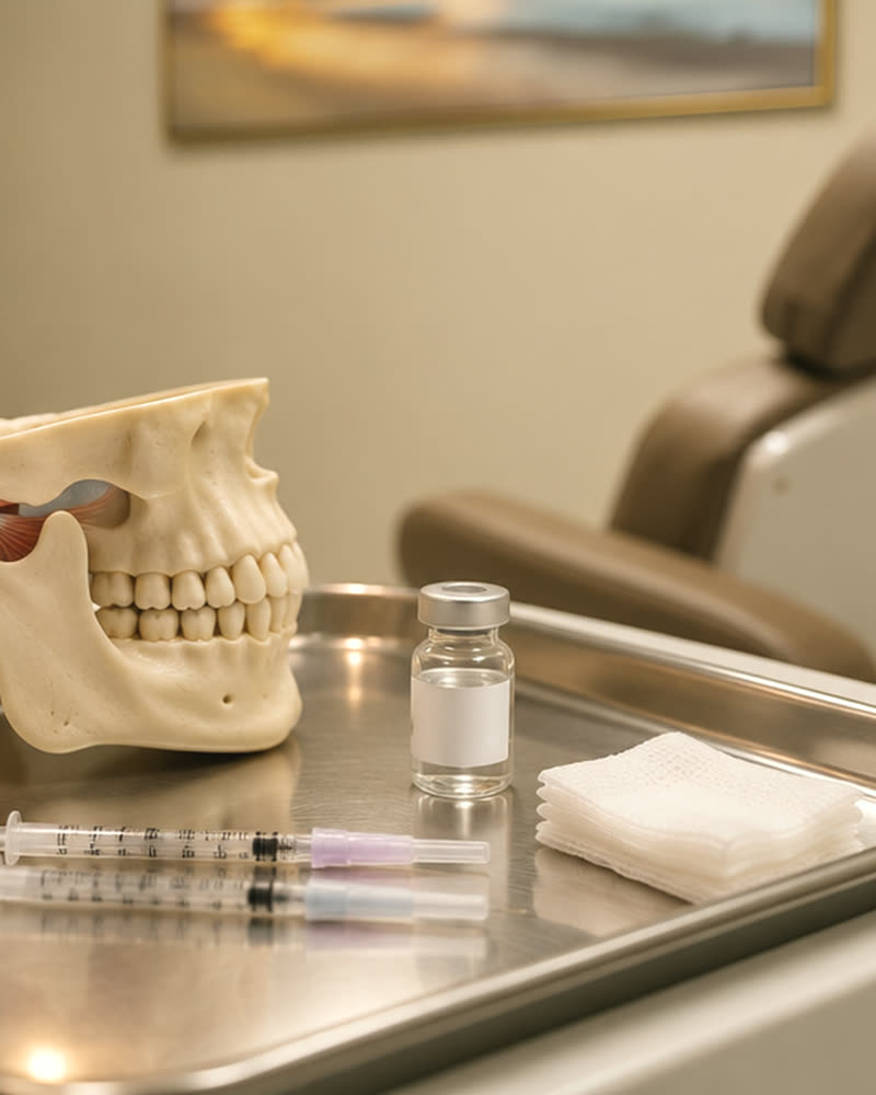 An injectables tray set out beside the treatment chair at Qua